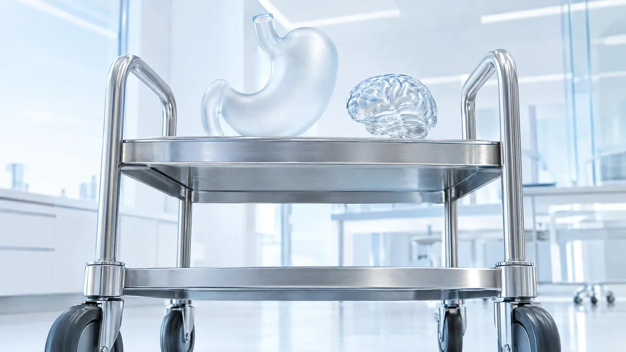 Stainless steel lab cart seen from below, carrying a frosted glass stomach model and a glass brain model, a bright lab in the background