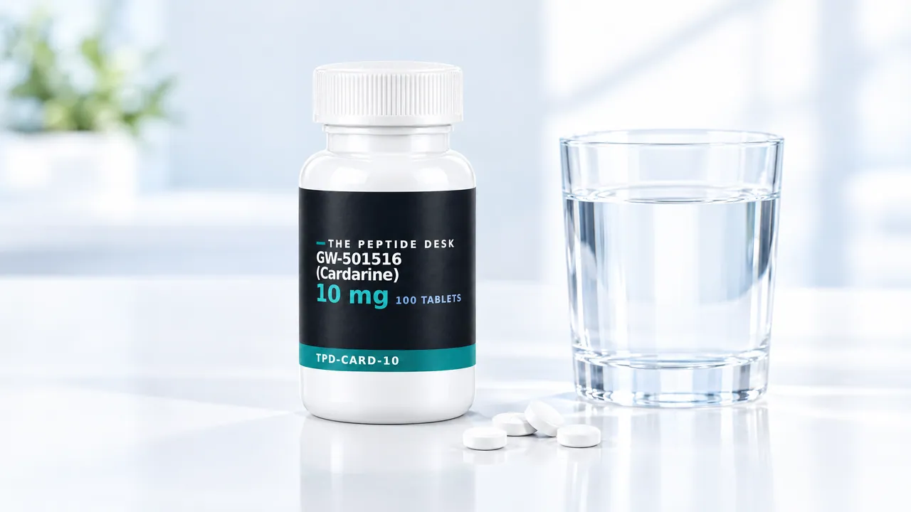 Tablet bottle with a black TPD label for GW-501516 (Cardarine) next to a glass of water and a few white tablets