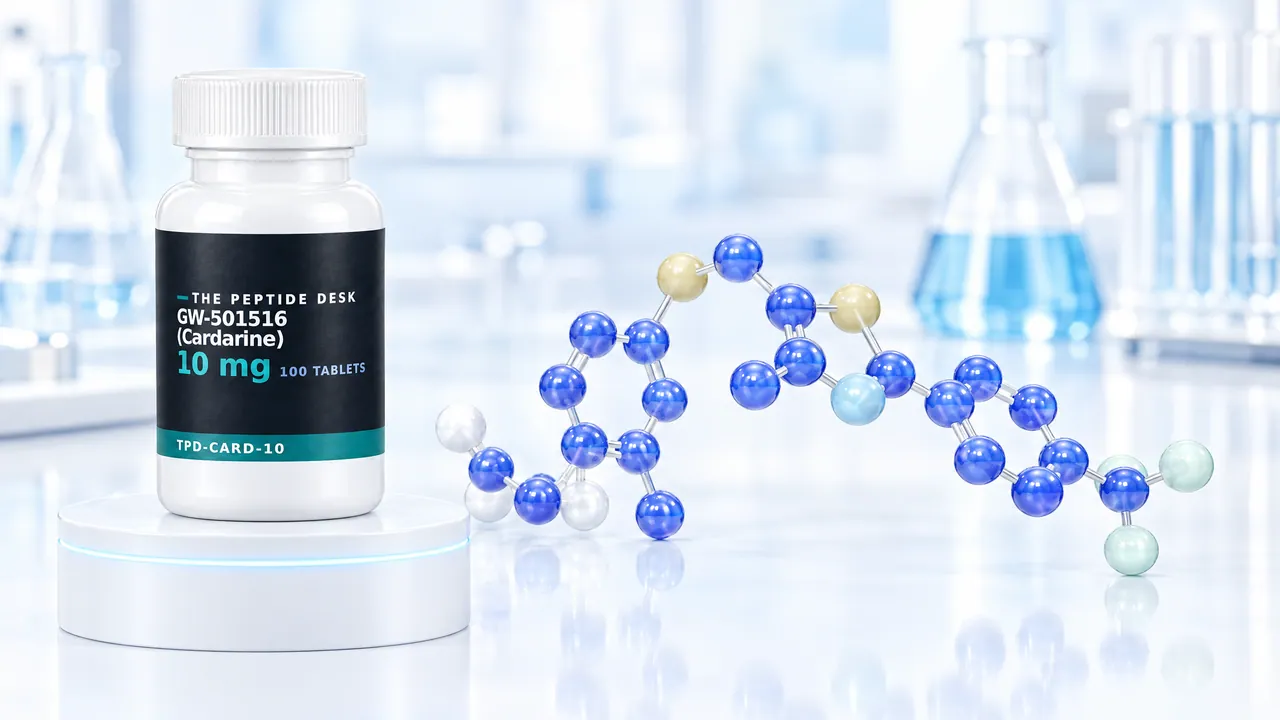 White tablet bottle with a black TPD label for GW-501516 (Cardarine) on a white podium, next to a blue 3D molecule model in a bright lab