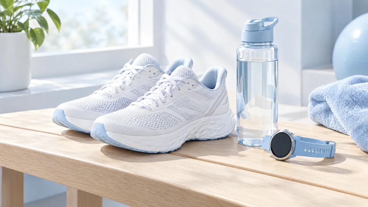 White running shoes, a light blue water bottle, a sports watch and a light blue towel on a wooden bench by the window