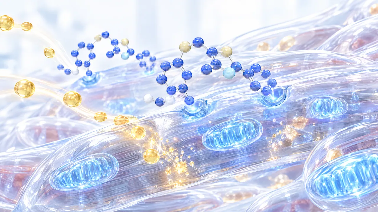 Translucent muscle fibres with glowing blue mitochondria, blue 3D molecules above and golden light points streaming into the fibres