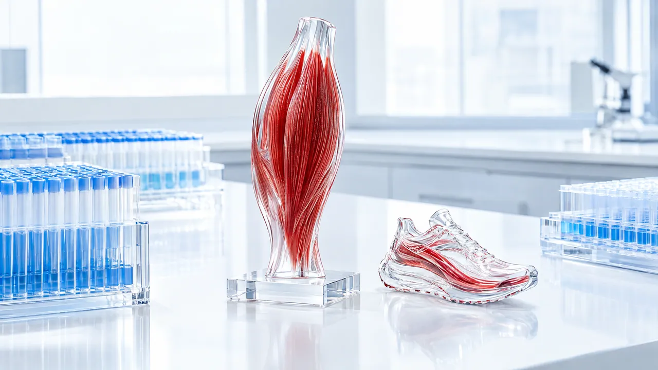 Glass muscle model with red fibres and a glass running shoe on a lab bench, racks of blue tubes beside them