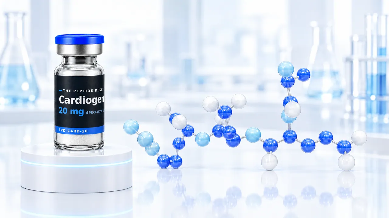Vial with white powder, a blue cap and a black TPD label for Cardiogen on a white podium, next to it a chain of blue and white glass spheres as a molecule model in a bright lab