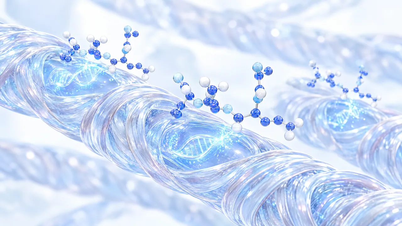 Twisted glass heart muscle fibres with glowing DNA helices inside, small blue molecules above them