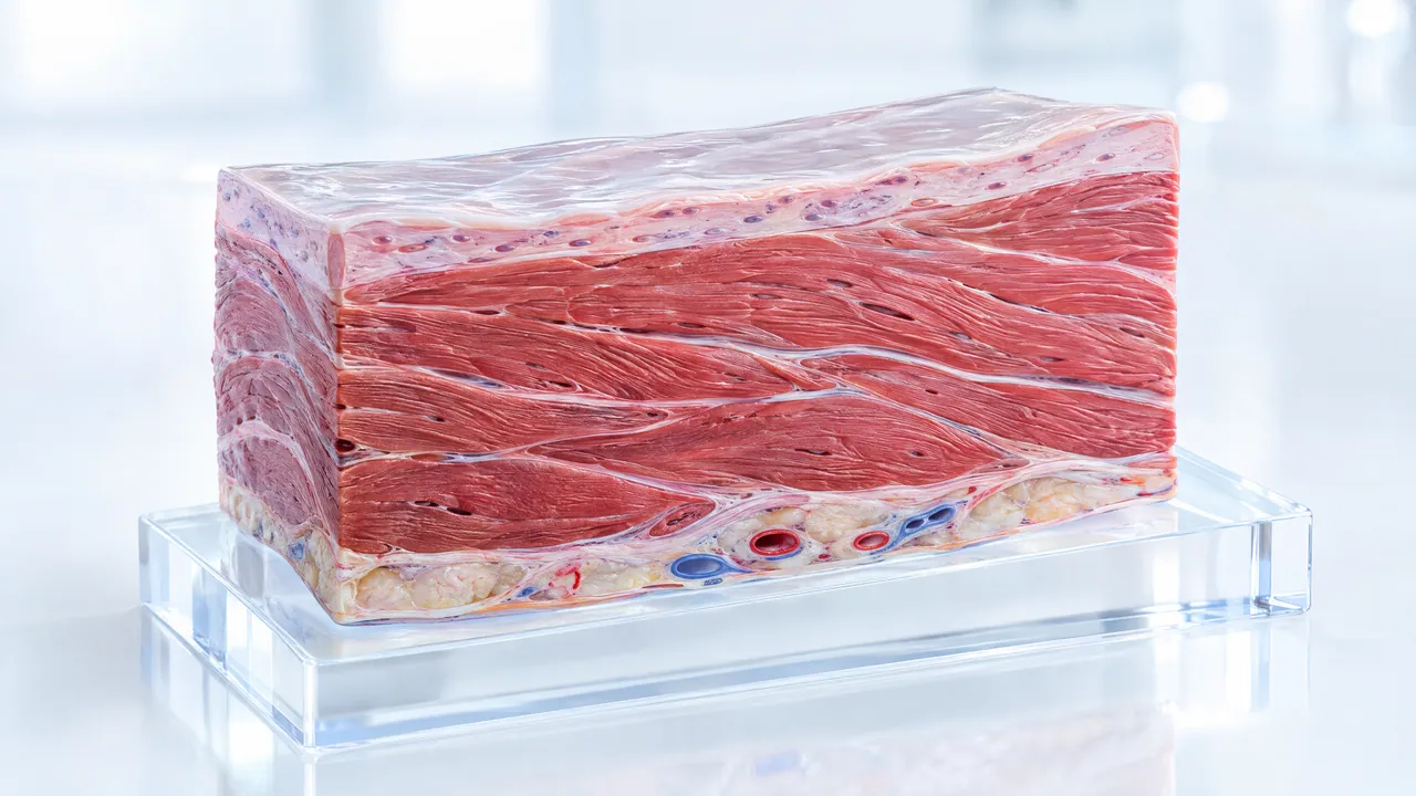 Block of heart muscle tissue with red fibre layers, fat and small vessels underneath, on a glass plate