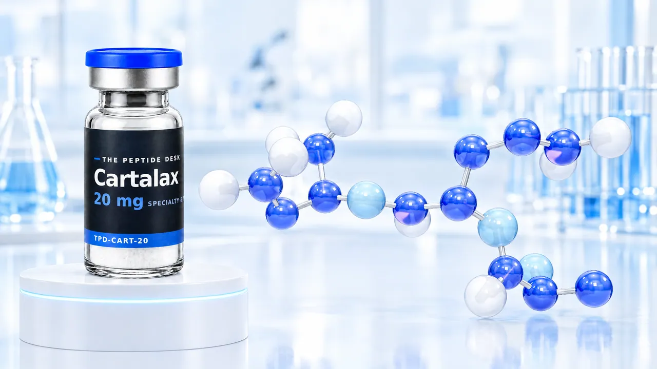 Vial with white powder, a blue cap and a black TPD label for Cartalax on a white podium, next to it a chain of blue and white glass spheres as a molecule model in a bright lab
