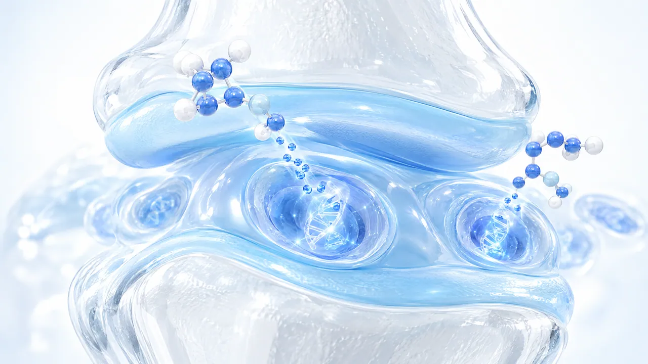Glass joint with a blue shimmering cartilage cushion, small blue molecules moving into the cartilage cells, each with a glowing DNA helix
