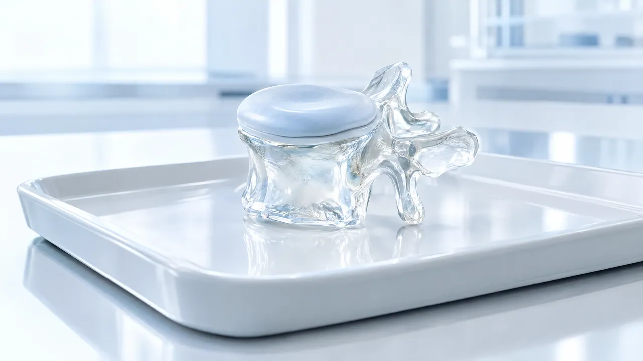 Clear glass vertebra with a light blue disc on top on a white tray