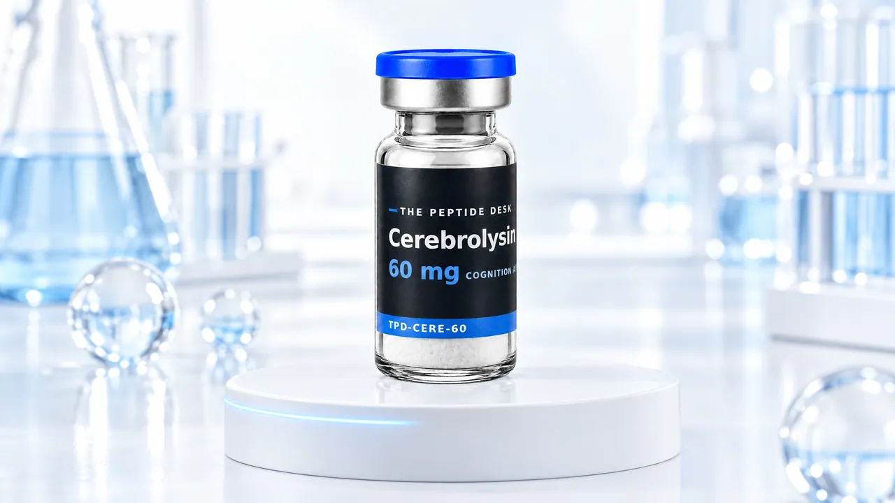 Cerebrolysin vial with white powder and the black TPD label on a white podium with a glowing light blue ring, glass spheres and lab glassware behind it in a bright lab