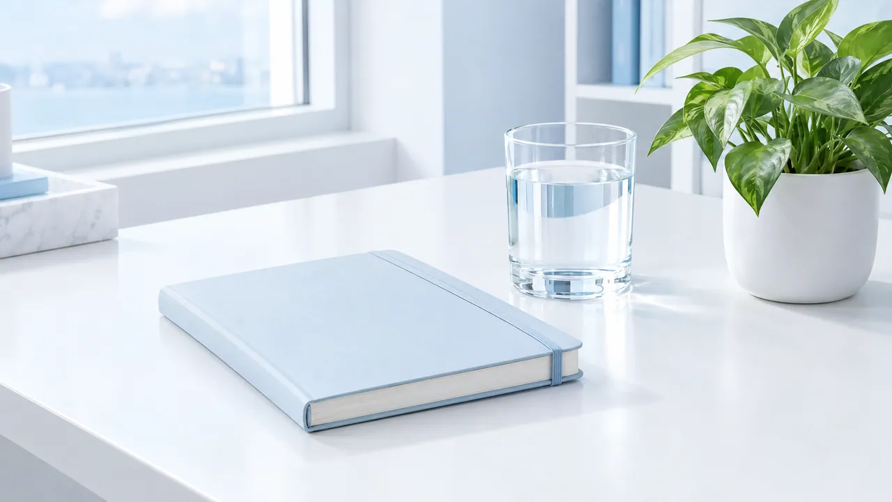 Light blue notebook with an elastic band, a glass of water and a green plant on a white table by a window