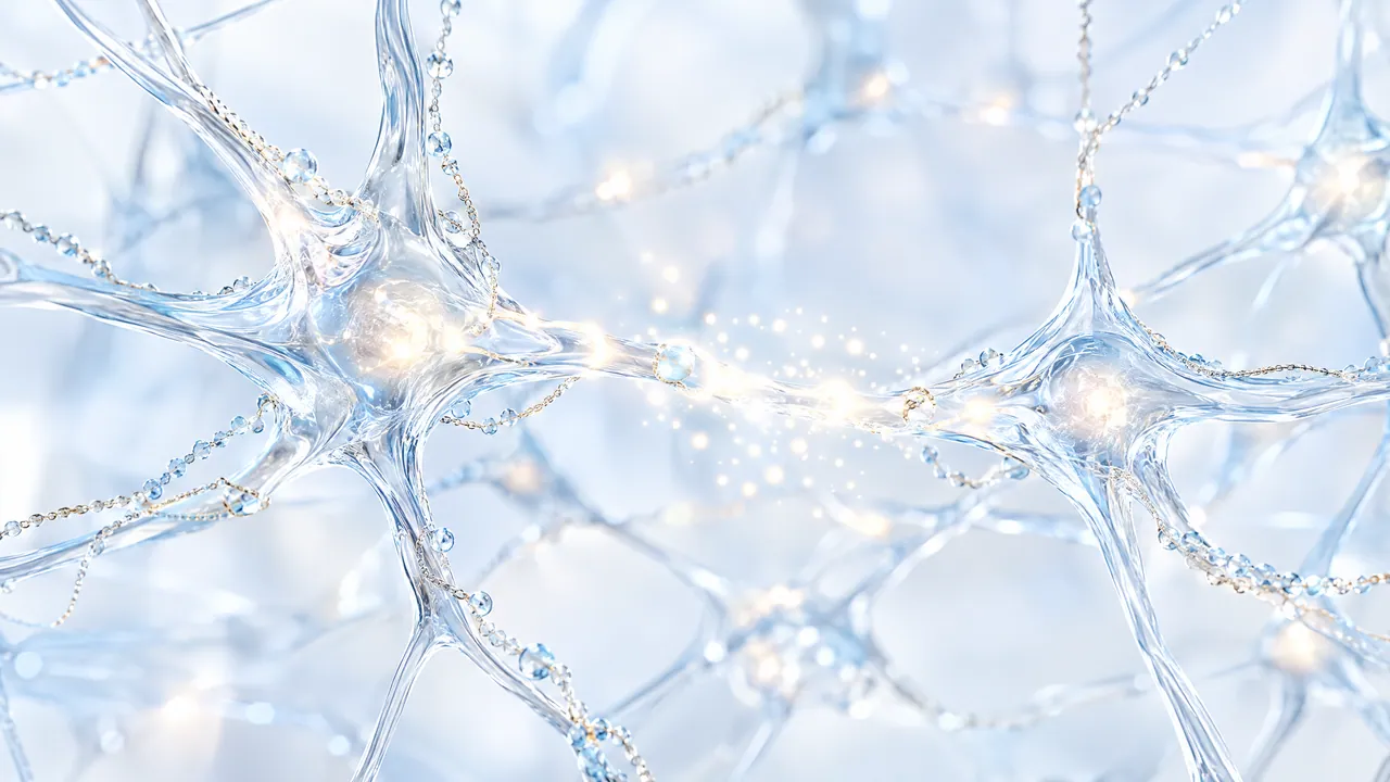Glass network of nerve cells with branches, fine chains of glass beads along the branches and warmly glowing points of light between two cell bodies