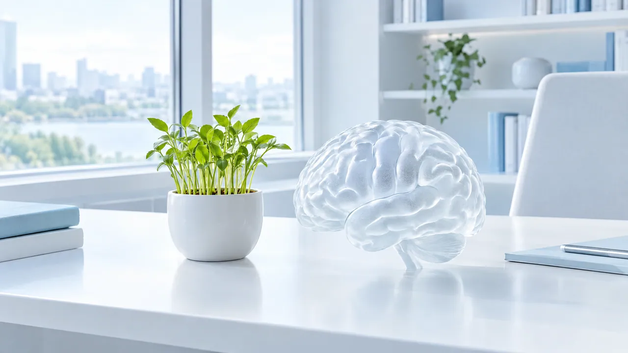 Bright desk by a window with a frosted glass brain model and a pot of fresh green shoots, shelves and a city behind it
