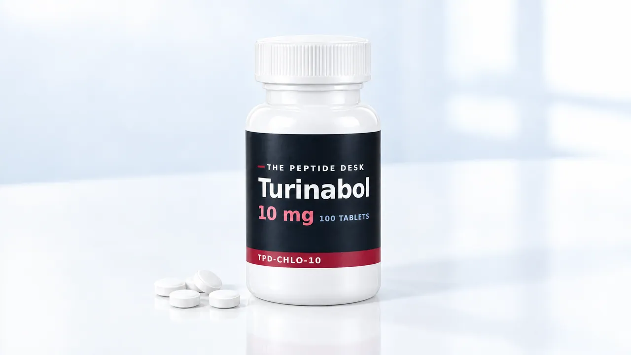 Tablet bottle with a black TPD label for Turinabol on a bright table, a few white tablets in front of it