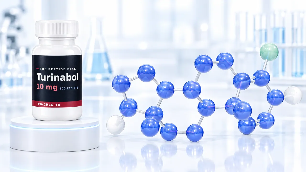 White tablet bottle with a black TPD label for Turinabol on a white podium, next to a blue 3D steroid molecule in a bright lab