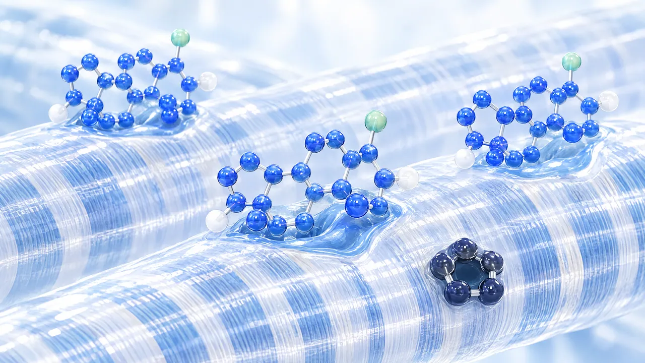 Blue 3D steroid molecules with a green chlorine atom docking onto translucent, blue-striped muscle fibres