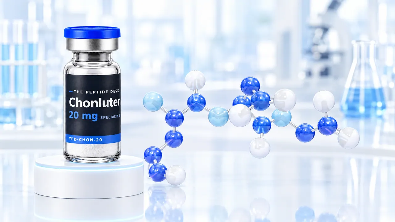 Vial with white powder, a blue cap and a black TPD label for Chonluten on a white podium, next to it a chain of blue and white glass spheres as a molecule model in a bright lab