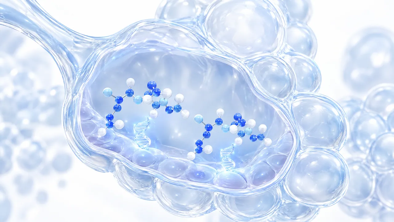 Glass lung lobe with round air sacs, small blue molecules and glowing DNA helices inside