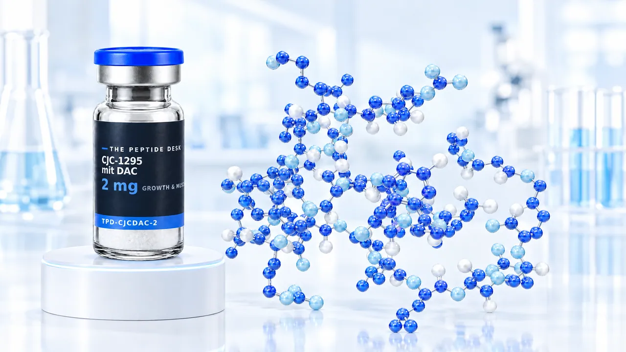 CJC-1295 with DAC vial with white powder and the black TPD label on a white podium, next to a large blue 3D peptide model in a bright lab