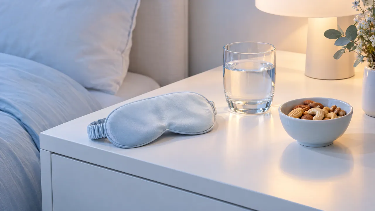 White bedside table with a light blue sleep mask, a glass of water and a bowl of nuts next to a bed in warm lamp light