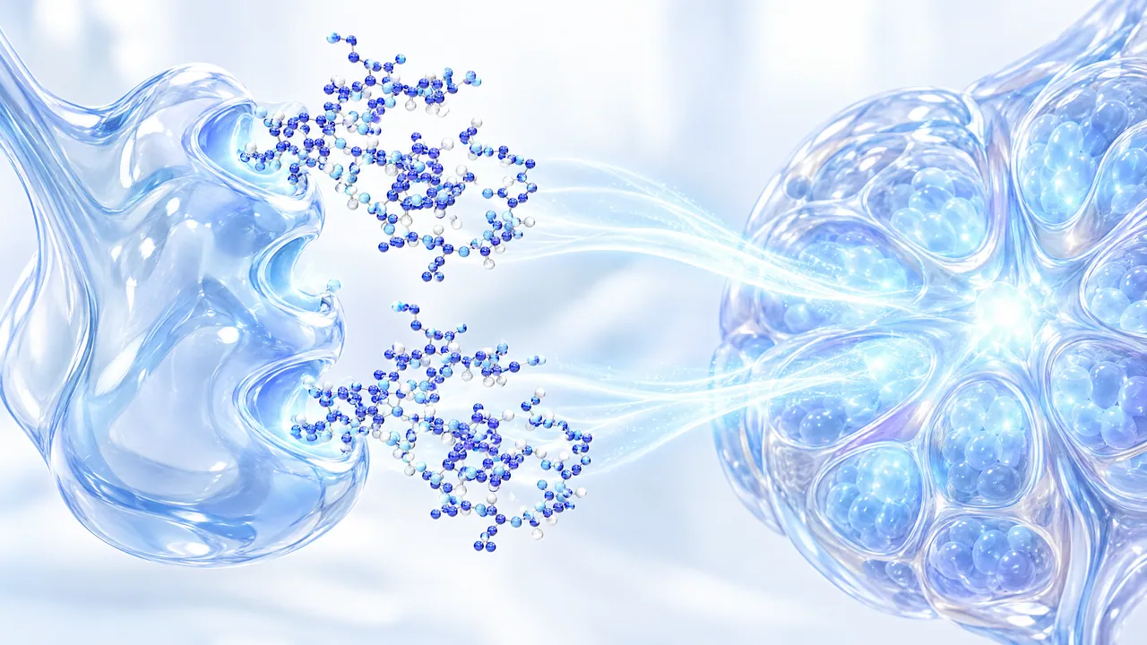 Glass gland shape with two blue 3D peptide chains docking on, from there trails of light run to a cluster of glass cell vesicles