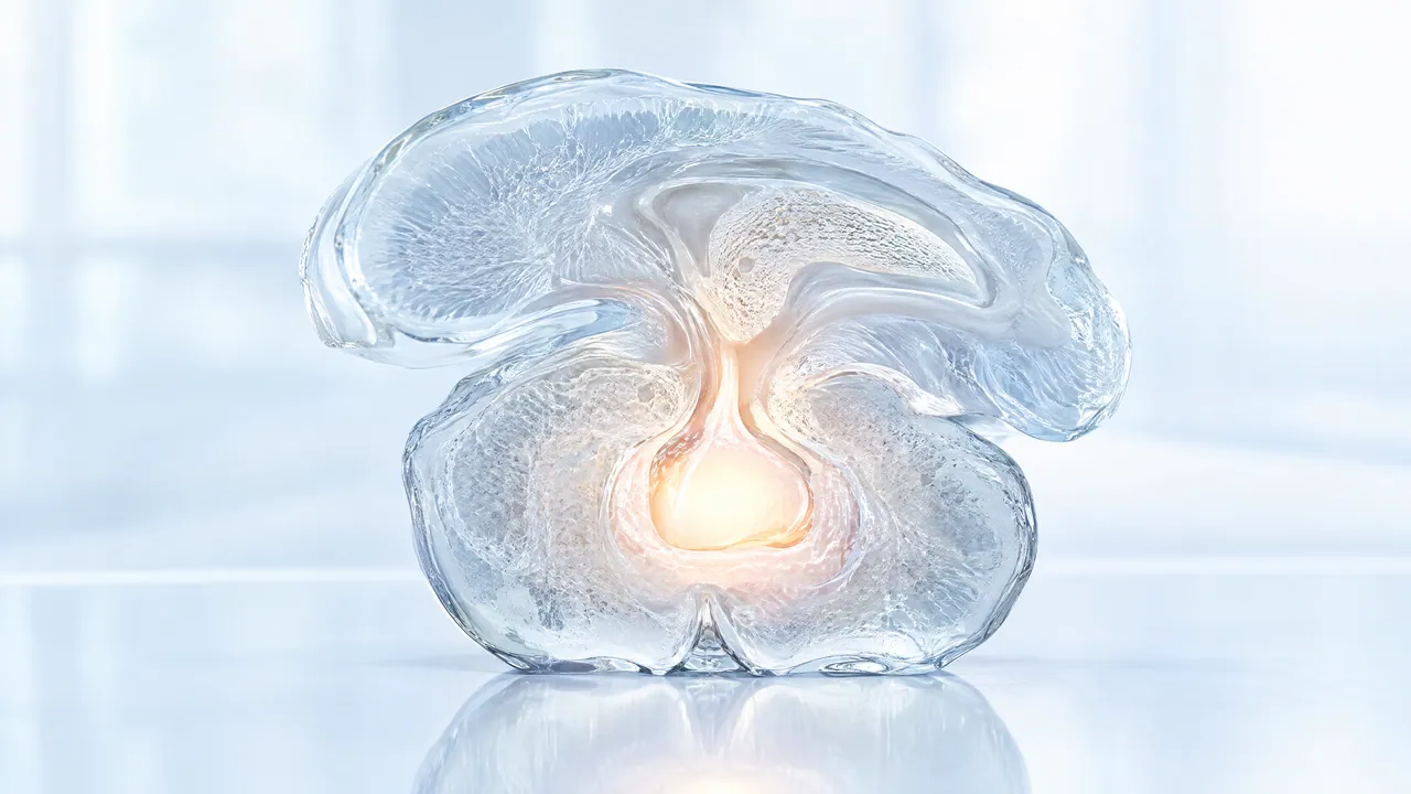 Glass cross-section of a pituitary with a warmly glowing core on a bright reflective surface