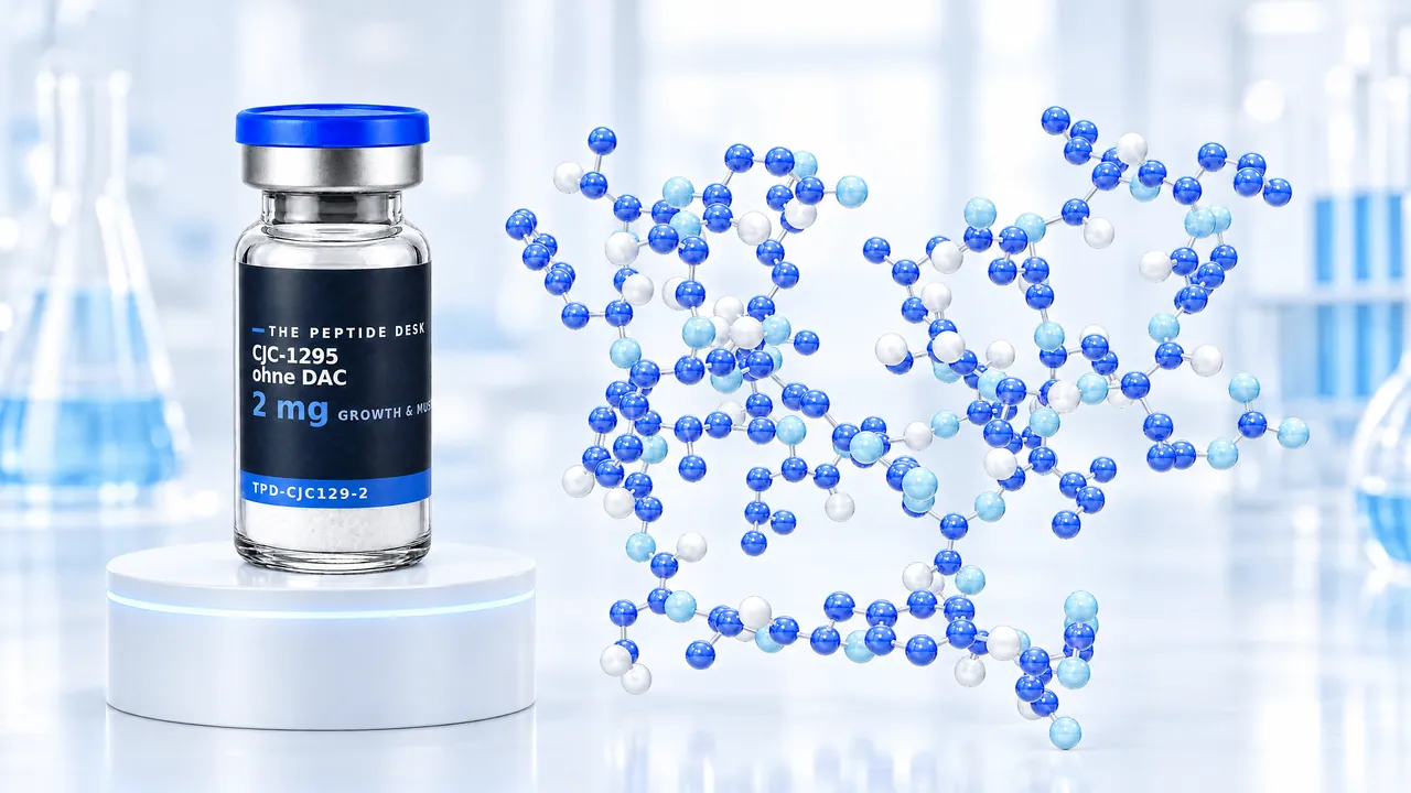 CJC-1295 without DAC vial with white powder and the black TPD label on a white podium, next to a large blue 3D peptide model in a bright lab