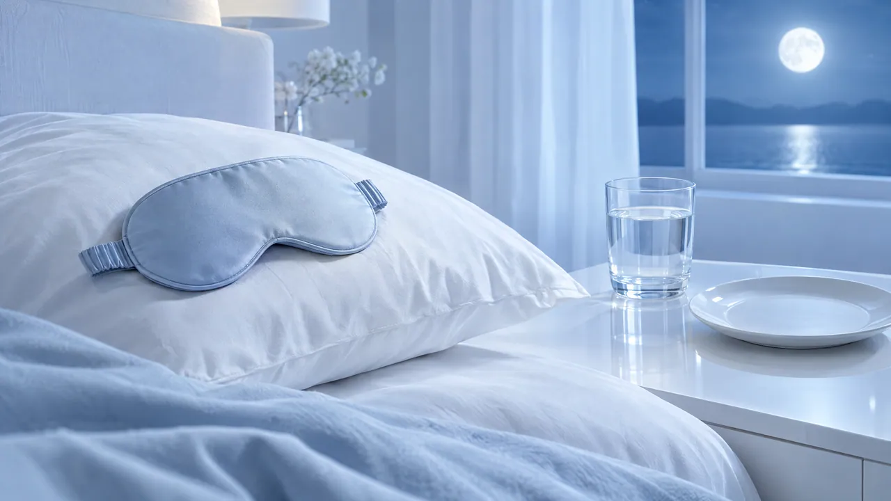 Bed with a light blue sleep mask on the pillow, a glass of water and an empty plate on the bedside table, outside the full moon over the sea