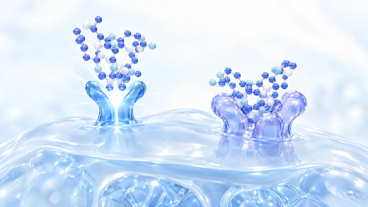 Two different glass receptor shapes on a light blue cell surface, a blue 3D peptide chain docks onto the left one with a short flash of light, a second chain onto the right one