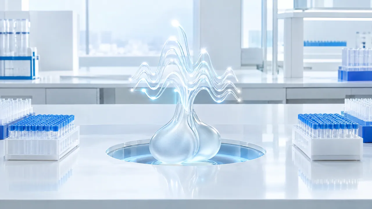 Glass sculpture of two drop shapes with wavy trails of light on a bright lab bench, racks of sample tubes on the left and right