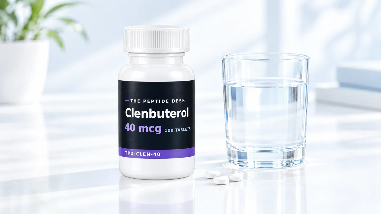 Tablet bottle with a black TPD label for Clenbuterol next to a glass of water and a few white tablets