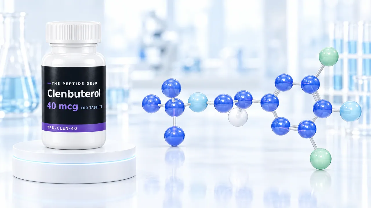 White tablet bottle with a black TPD label for Clenbuterol on a white podium, next to a blue 3D molecule model in a bright lab