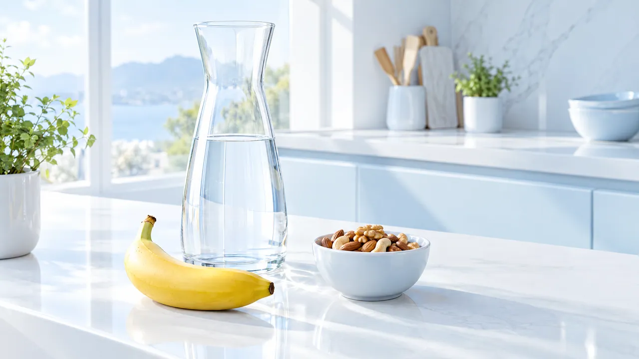 Glass carafe of water, a banana and a bowl of nuts on a bright kitchen counter