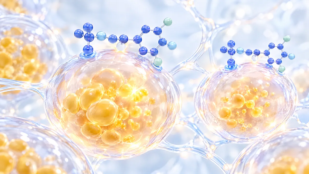Translucent fat cells with golden fat droplets, blue 3D molecules docking onto them