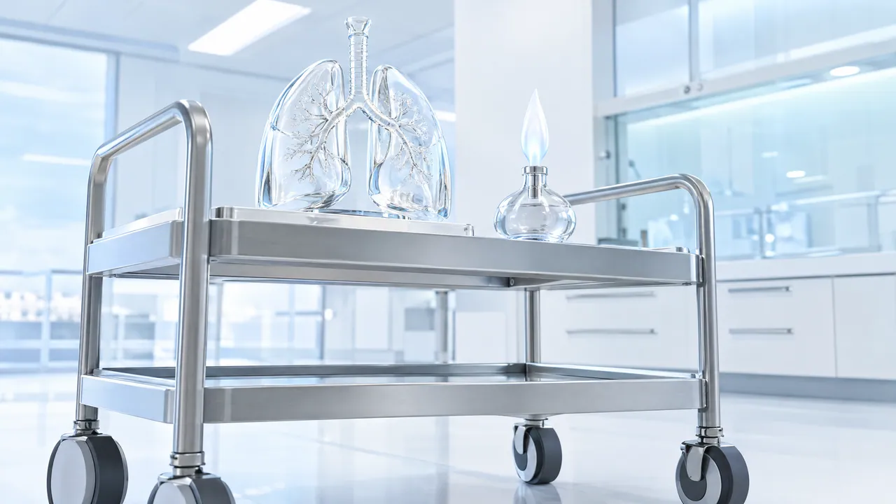 Glass lung model and a small glass flask on a stainless steel trolley in a bright lab