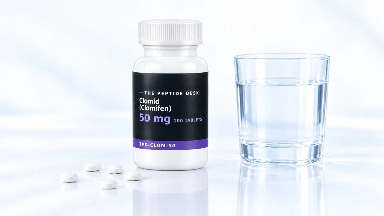 Tablet bottle with a black TPD label for Clomiphene next to a glass of water and a few white tablets