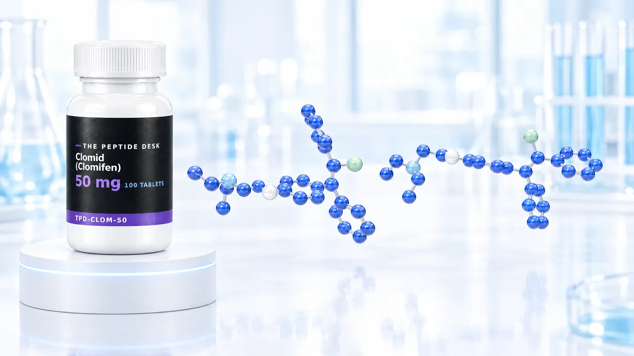 White tablet bottle with a black TPD label for Clomiphene on a white podium, next to a blue 3D molecule model in a bright lab