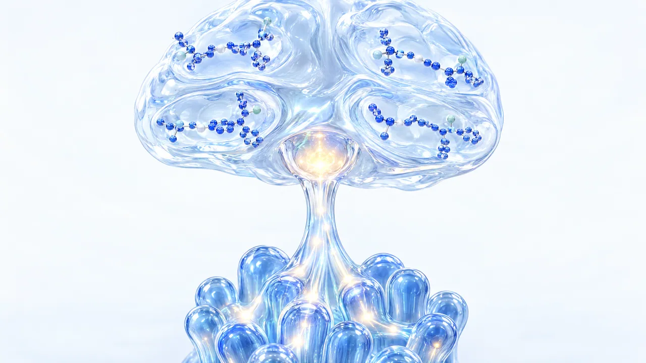 Glass brain model with blue 3D molecules, below it the glowing stalk of the pituitary above blue gland shapes