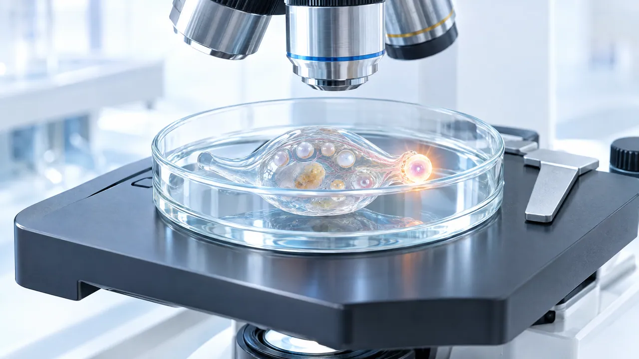 Petri dish with translucent cell structures and a glowing orange spot under a lab microscope