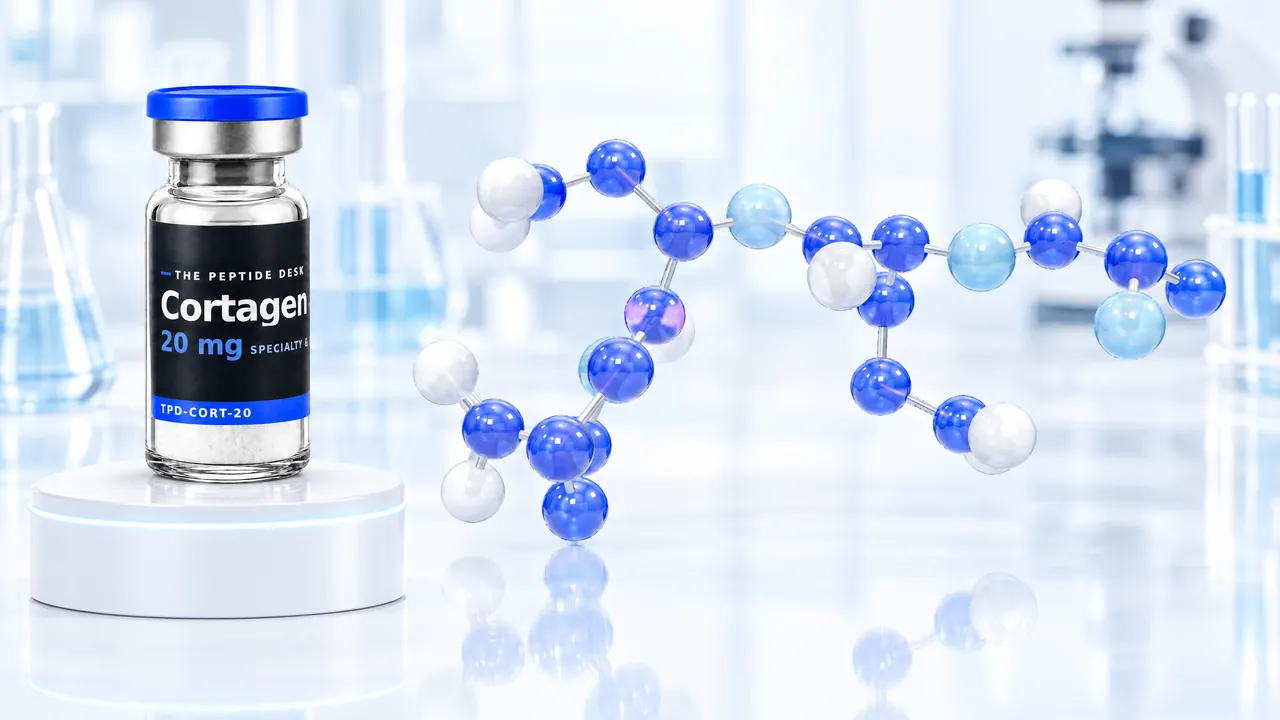 Vial with white powder, a blue cap and a black TPD label for Cortagen on a white podium, next to it a chain of blue and white glass spheres as a molecule model in a bright lab