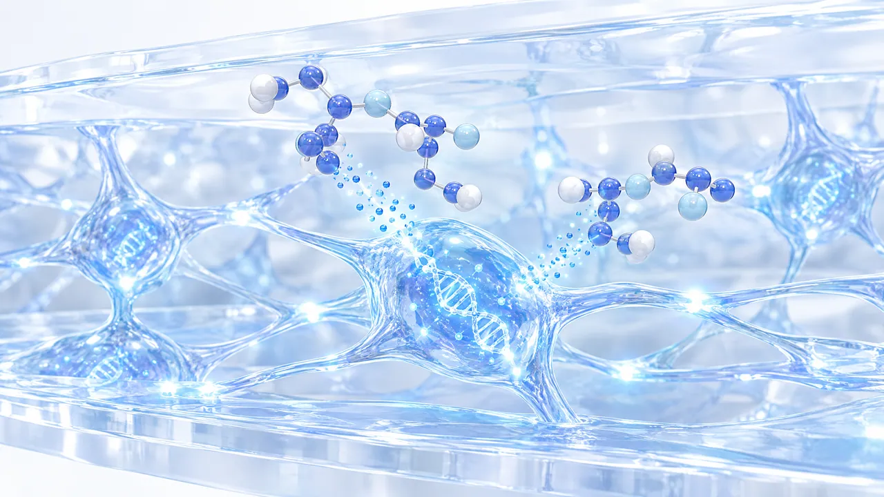 Glass network of nerve cells with glowing DNA in the nucleus, two blue molecule chains releasing points of light towards the cell