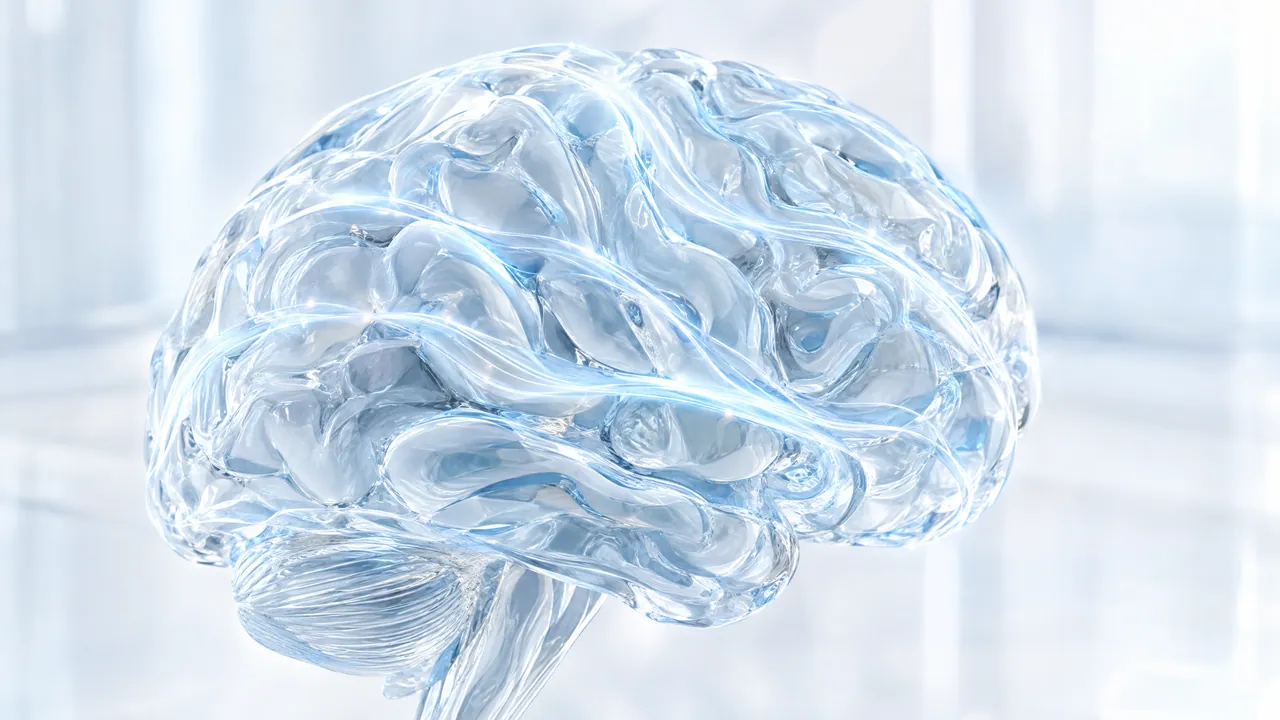 Brain made of clear glass in front of a bright, blurred lab background