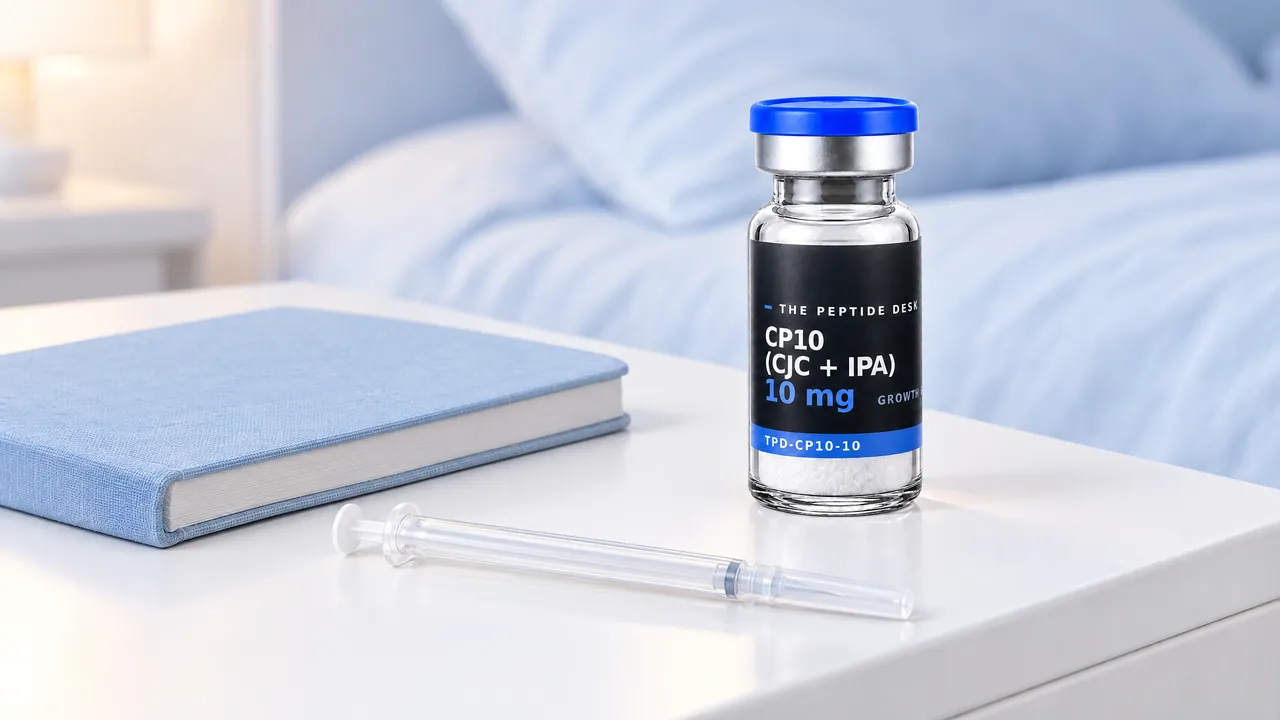CP10 vial on a white bedside table with an insulin syringe and a closed notebook