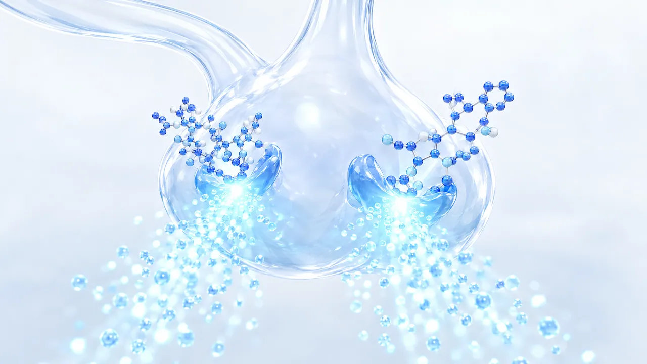 Glass pituitary gland with two docking sites, a blue molecule at each, glowing particles streaming down from both