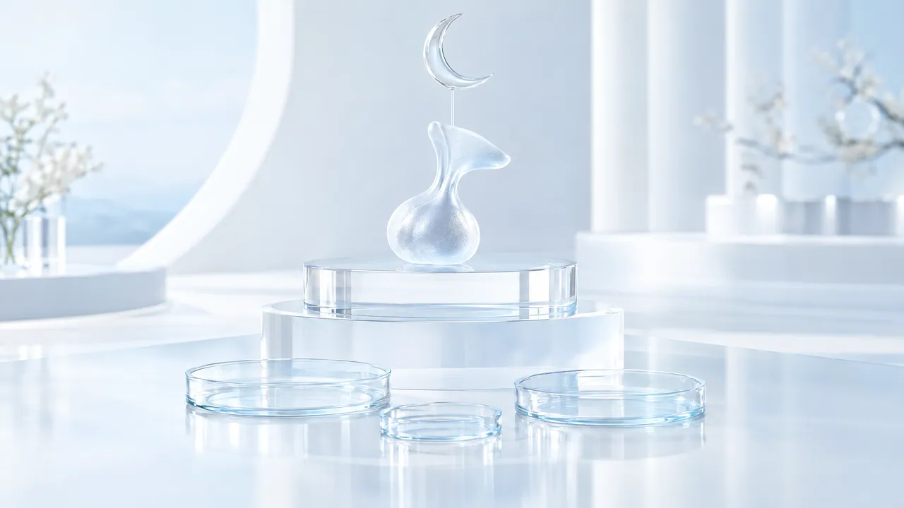 Glass pituitary gland on a glass pedestal beneath a glass crescent moon, three empty petri dishes in front of it in a bright room