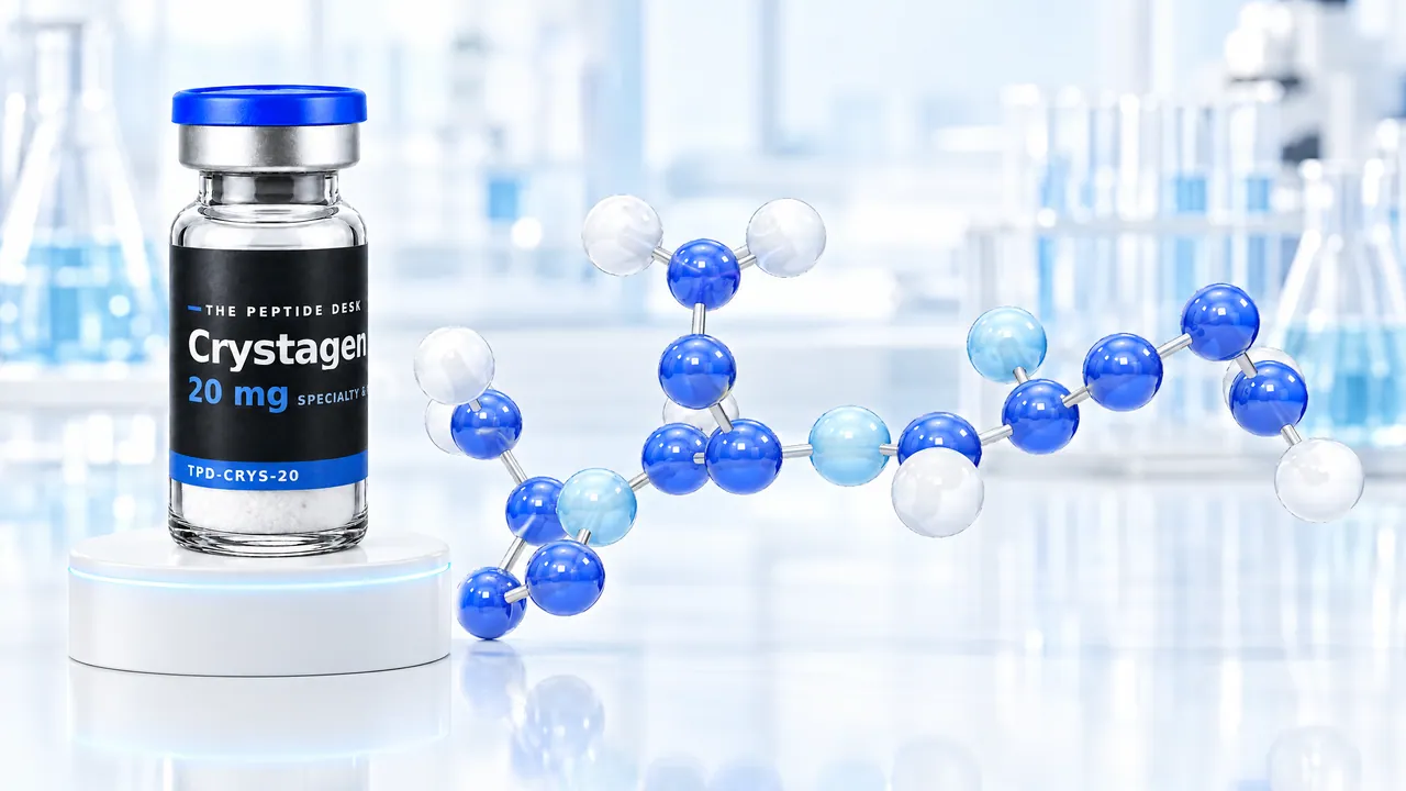 Vial with white powder, a blue cap and a black TPD label for Crystagen on a white podium, next to it a short chain of blue and white glass spheres as a molecule model in a bright lab
