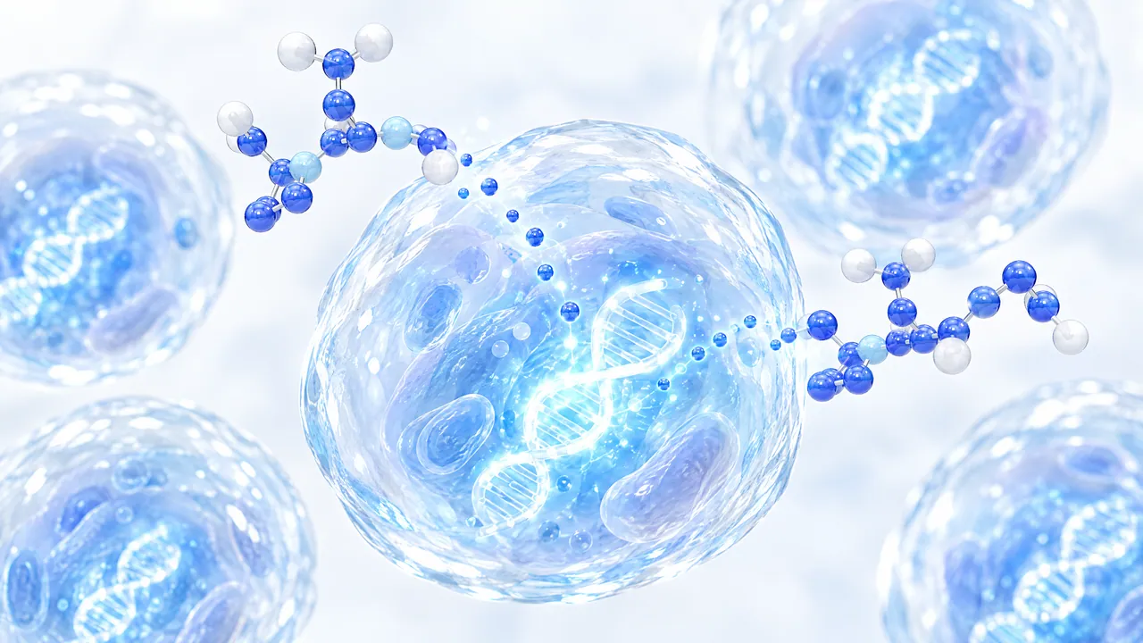 Translucent cells with glowing DNA inside, two small blue molecule chains releasing points of light towards the central cell