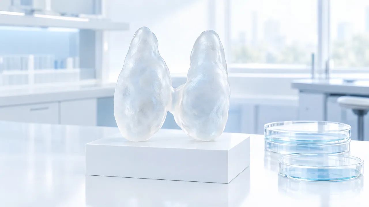 Thymus gland of frosted glass on a white base, two stacked petri dishes beside it on a bright lab bench
