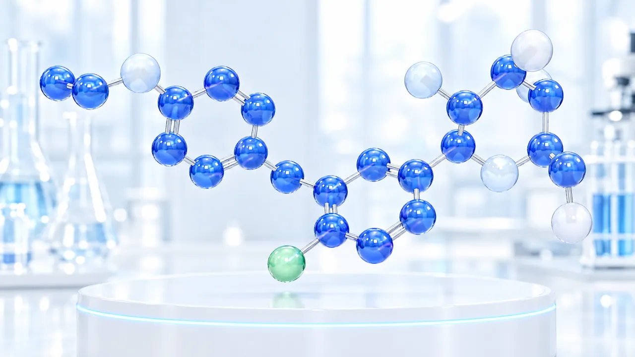 Large blue 3D molecule model with one green atom above a round white podium in a bright lab