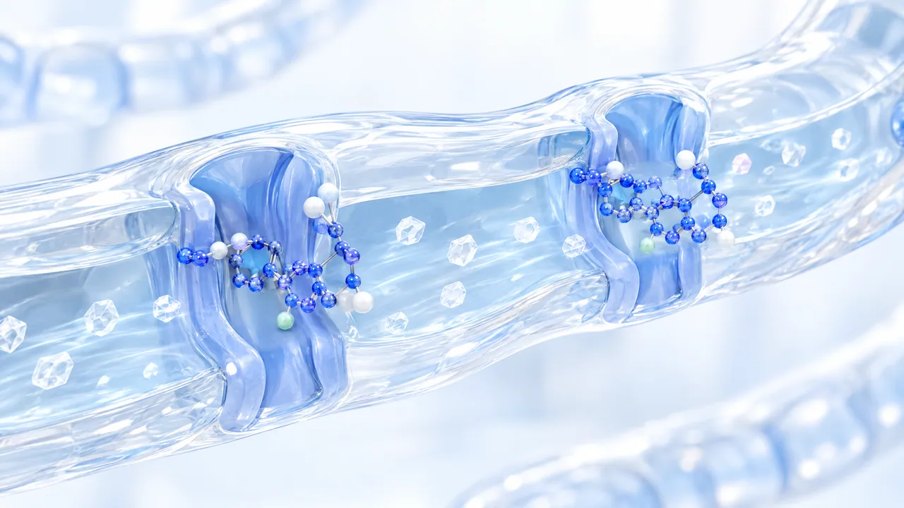 Translucent kidney tubule with blue transporters in its wall that blue 3D molecules dock onto, small sugar crystals inside