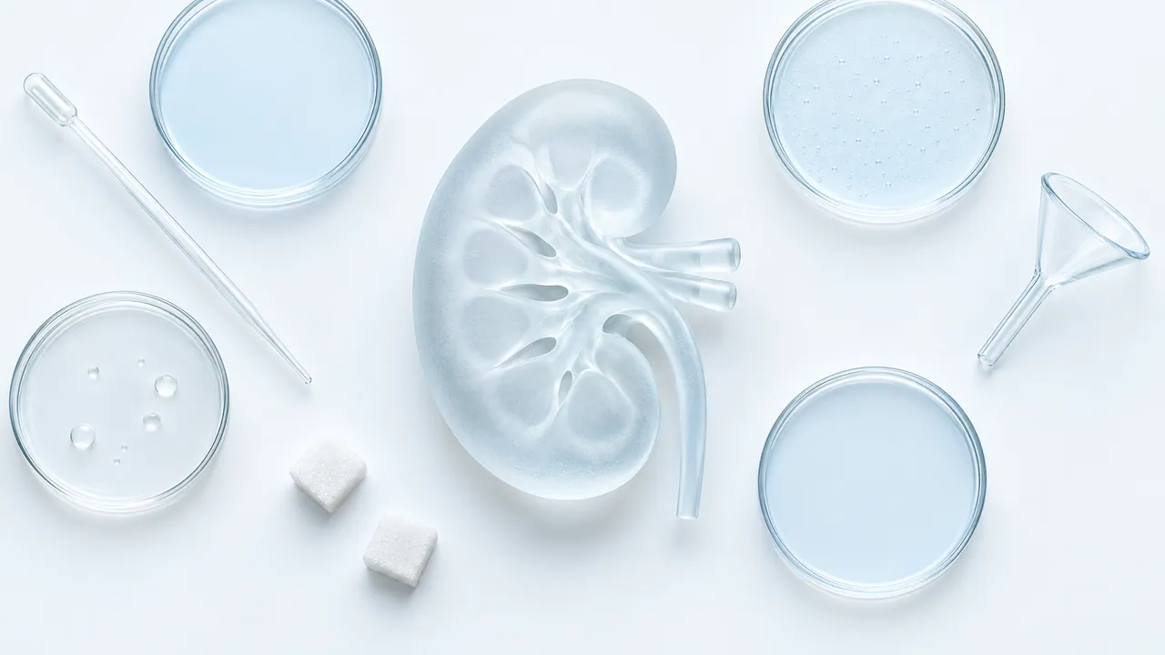 Glass kidney model between Petri dishes, a pipette, a glass funnel and two sugar cubes on a white background